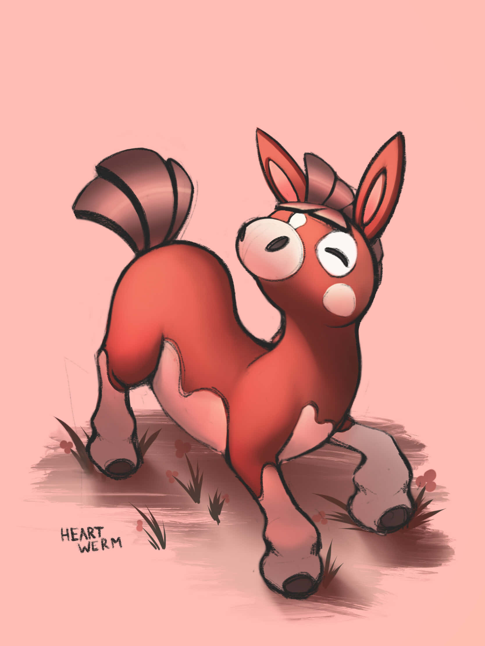Mudbray 桌布 壁紙 — 一隻可愛的紅色卡通小馬，閉著一隻眼睛，尾巴有條紋，站在草地上，背景是柔和的粉紅色。