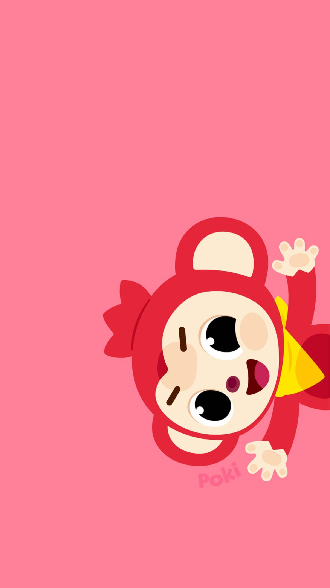Pinkfong 桌布 壁紙 — 一隻可愛的紅色卡通猴子從右下角探出頭來，背景是純粉紅色。