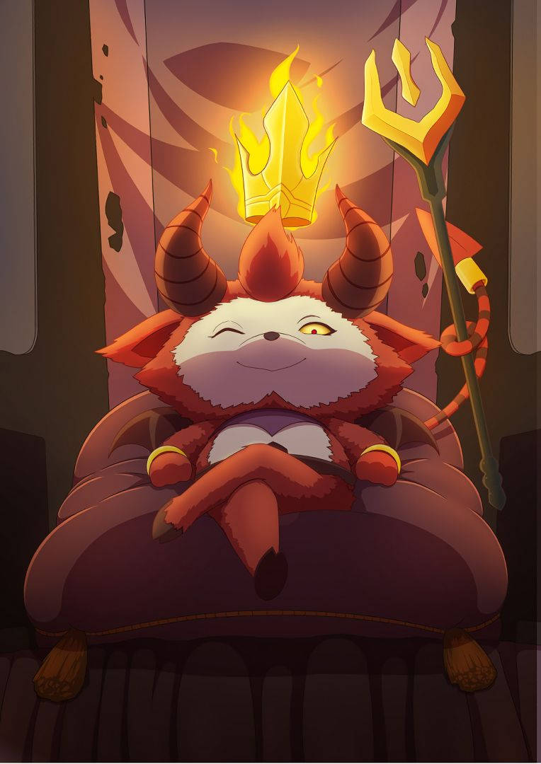 惡魔男孩 桌布 壁紙 — 一隻可愛的紅色狐狸惡魔，頭上有角和火焰皇冠，威嚴地坐在王座上，手持三叉戟。
