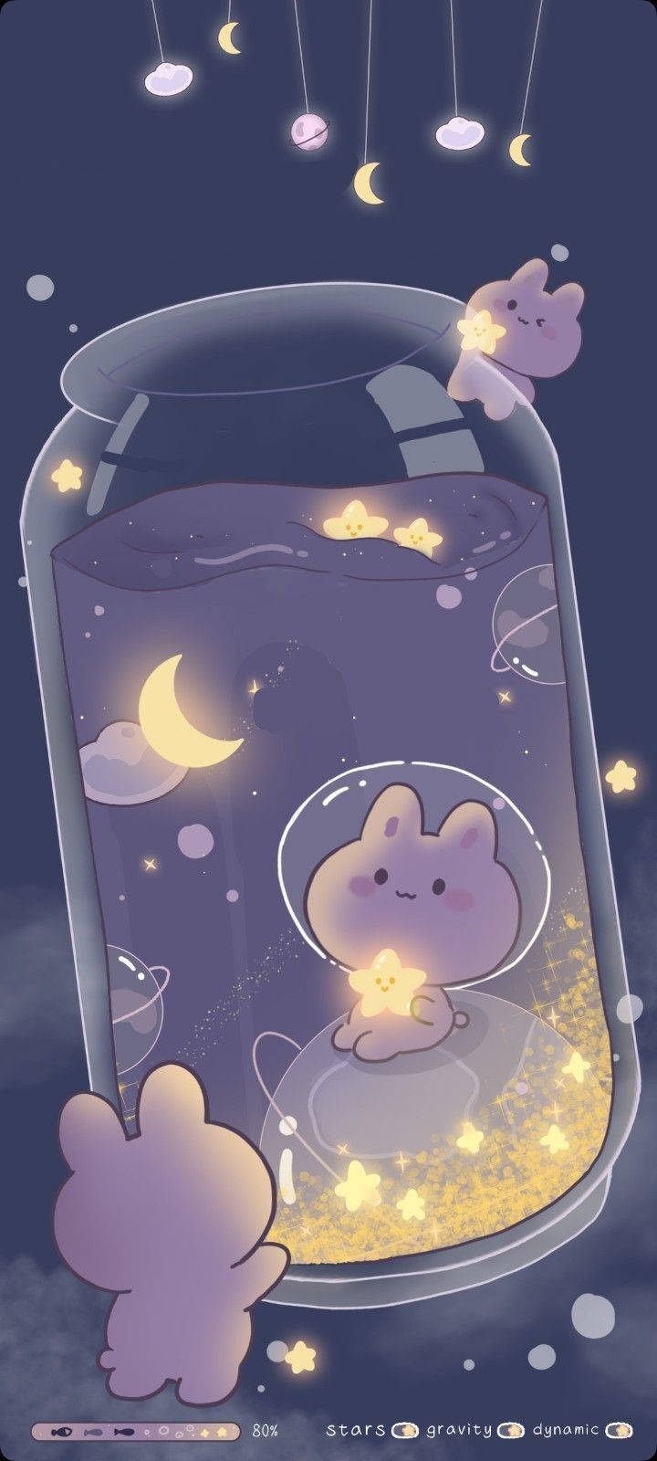 Girly Galaxy 桌布 壁紙 — 一隻可愛的紫色兔子在一個裝滿發光星星和彎月的玻璃罐中，漂浮在夢幻的夜空。