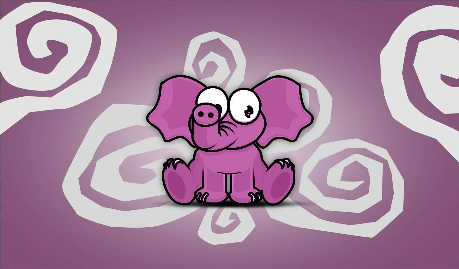 Pink Elephant 桌布 壁紙 — 一隻可愛的紫色卡通大象，大眼睛，坐在紫色背景上，背景有旋轉的白色圖案。