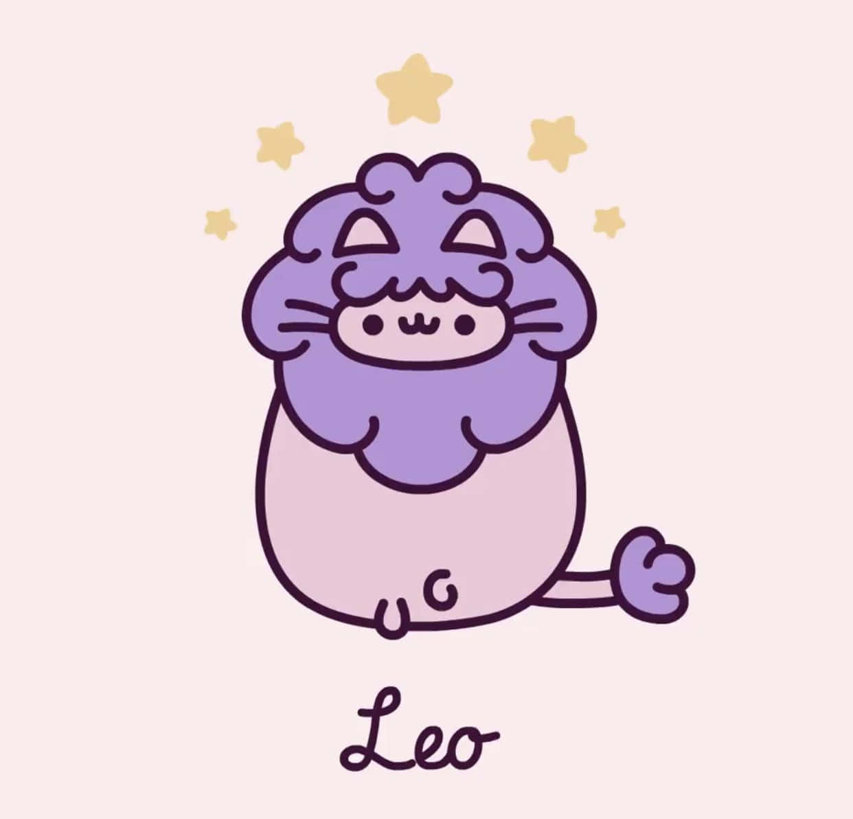 Leo 桌布 壁紙 — 一隻可愛的紫色卡通獅子，擁有蓬鬆的鬃毛和頭頂上的星星，坐在柔軟的粉紅色背景上。