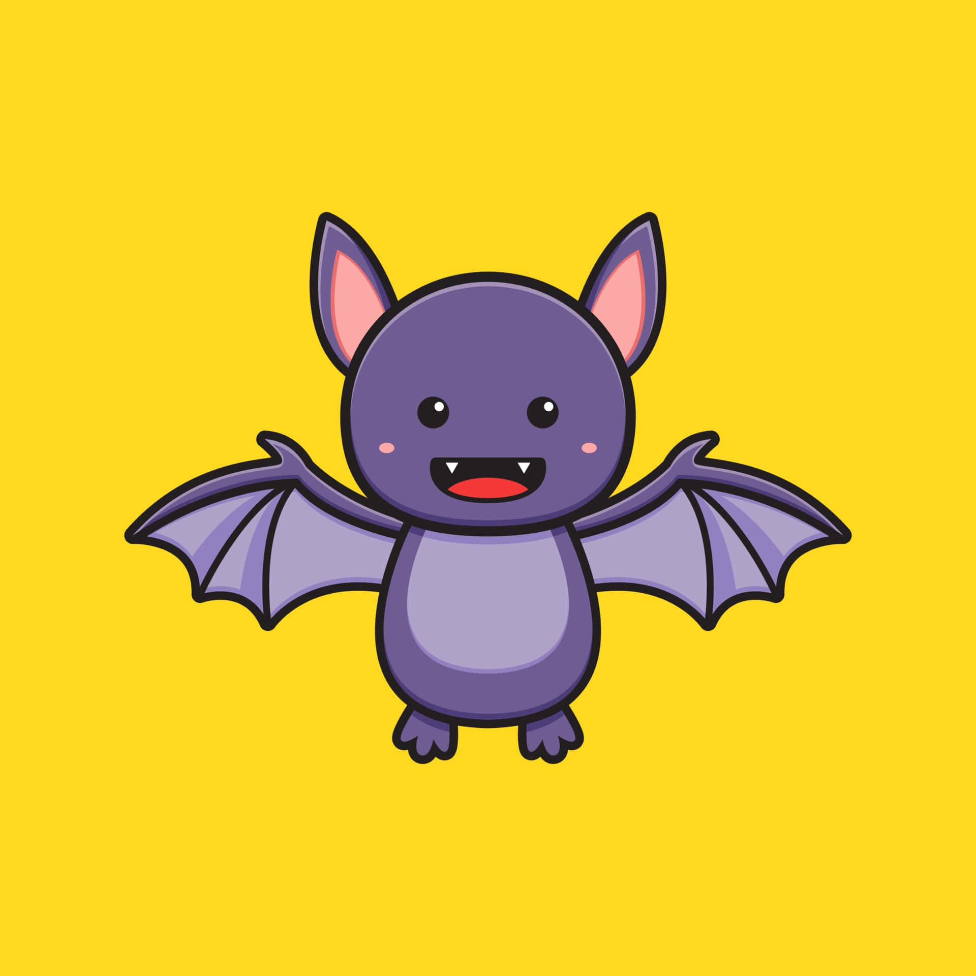Bats 桌布 壁紙 — 一隻可愛的紫色卡通蝙蝠，有粉紅色耳朵和燦爛笑容，在明亮的黃色背景上飛翔。