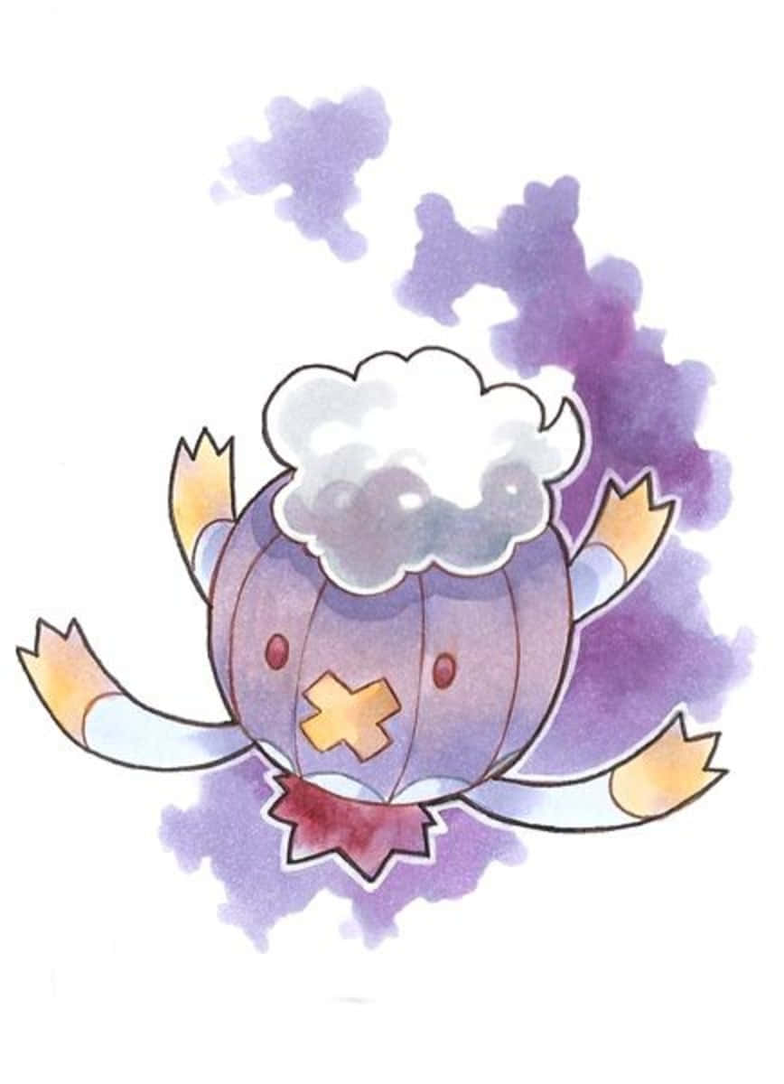 Pokemon Aesthetic 桌布 壁紙 — 一隻可愛的紫色寶可夢，頭上有雲，四肢末端橙色，漂浮在水彩紫色背景上。