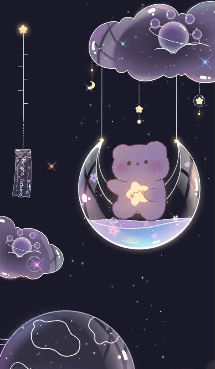 雲朵 桌布 壁紙 — 一隻可愛的紫色小熊在月牙形泡泡中抱著一顆發光的星星，漂浮在閃爍的星星和紫色雲朵之間。