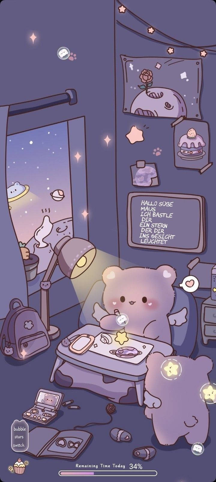 Girly Galaxy 桌布 壁紙 — 一隻可愛的紫色有翼小熊在燈下學習，房間溫馨，滿是星星、漂浮的糖果和毛絨裝飾。