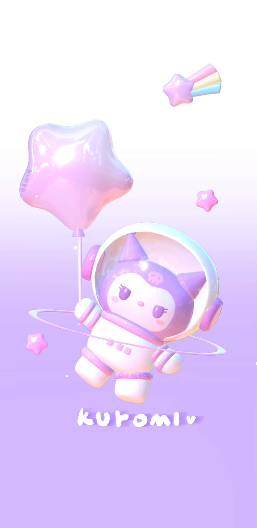 Hello Kitty And Friends 桌布 壁紙 — 一隻可愛的紫色貓咪穿著太空衣，拿著星星氣球，在柔和的薰衣草漸變天空中漂浮。