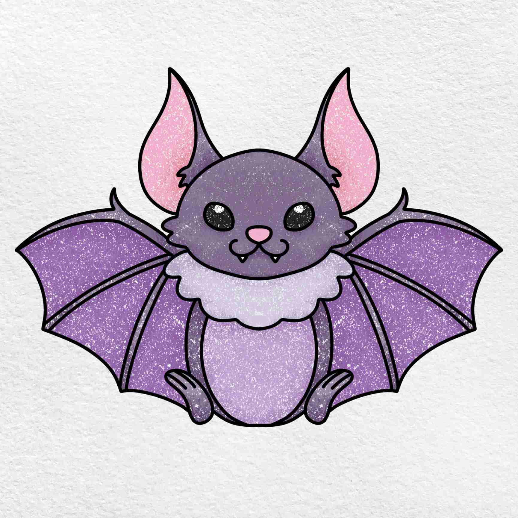 Bats 桌布 壁紙 — 一隻可愛的紫色閃光蝙蝠，有粉紅色耳朵和白色荷葉邊領子，坐在有紋理的白色背景前。