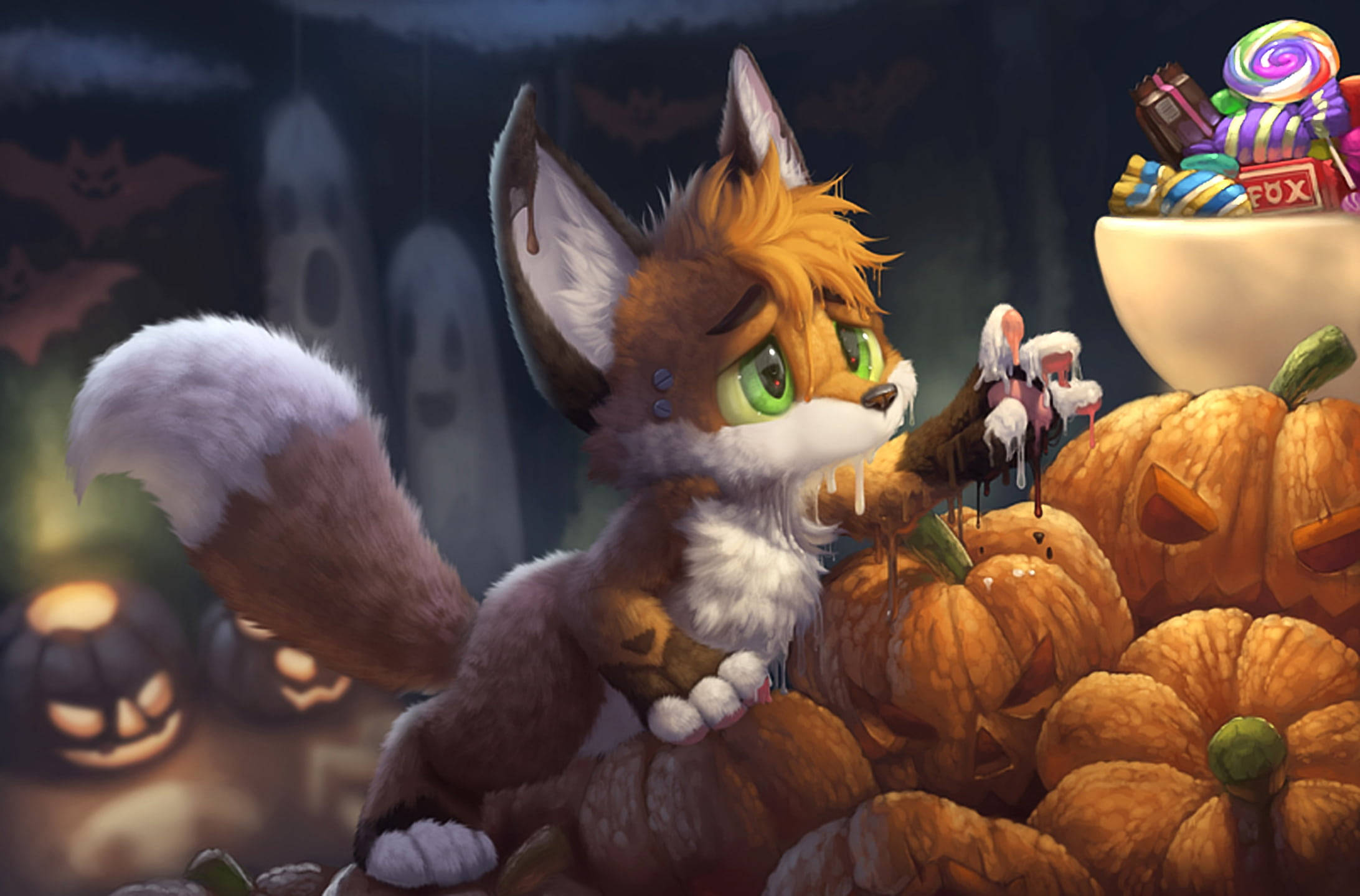 Cute Halloween Desktop 桌布 壁紙 — 一隻可愛的綠眼狐狸坐在雕刻南瓜和糖果之間，周圍環繞著鬼魂和蝙蝠，營造出恐怖的萬聖節場景。
