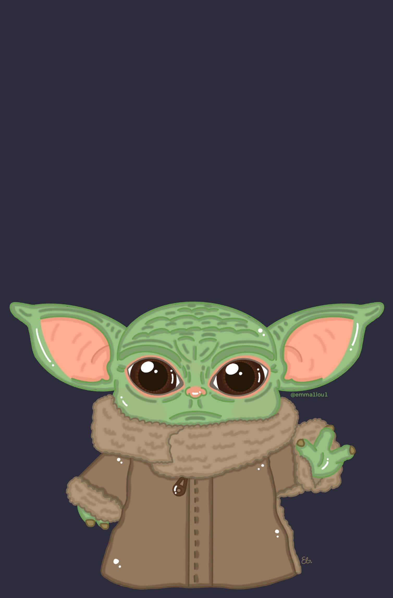 Big Eyes 桌布 壁紙 — 一隻可愛的綠色 Baby Yoda 穿著棕色外套和圍巾，在深色背景下揮手。