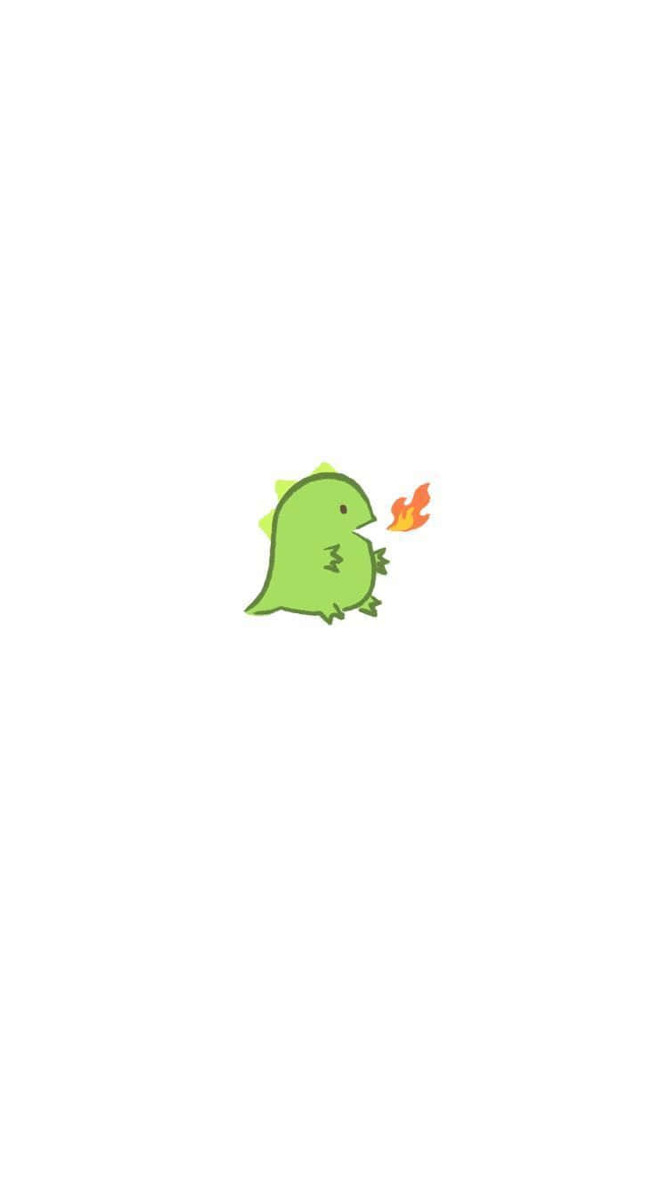Cute Dinosaur 桌布 壁紙 — 一隻可愛的綠色卡通恐龍，帶有小尖刺，對著純白色背景從嘴裡吹出一小團火焰。