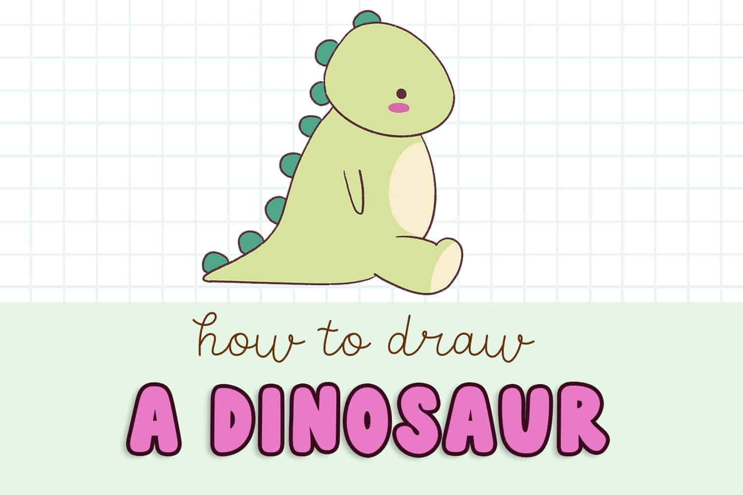 Dinosaur Drawing 桌布 壁紙 — 一隻可愛的綠色卡通恐龍，帶有藍綠色尖刺，坐在方格紙上，上方有教如何畫恐龍的文字。