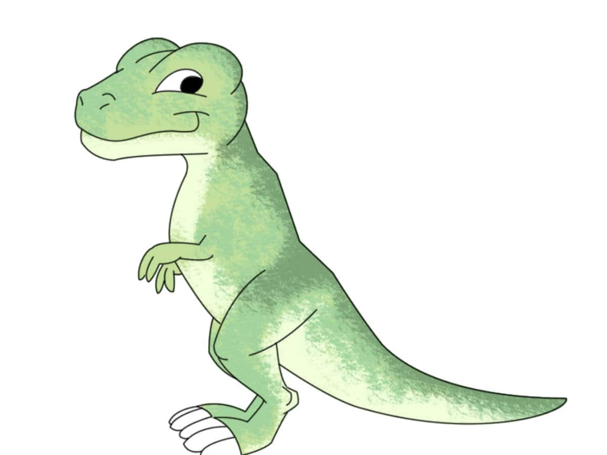 Dinosaur Drawing 桌布 壁紙 — 一隻可愛的綠色卡通恐龍，帶著得意的表情，站在純白色背景前。