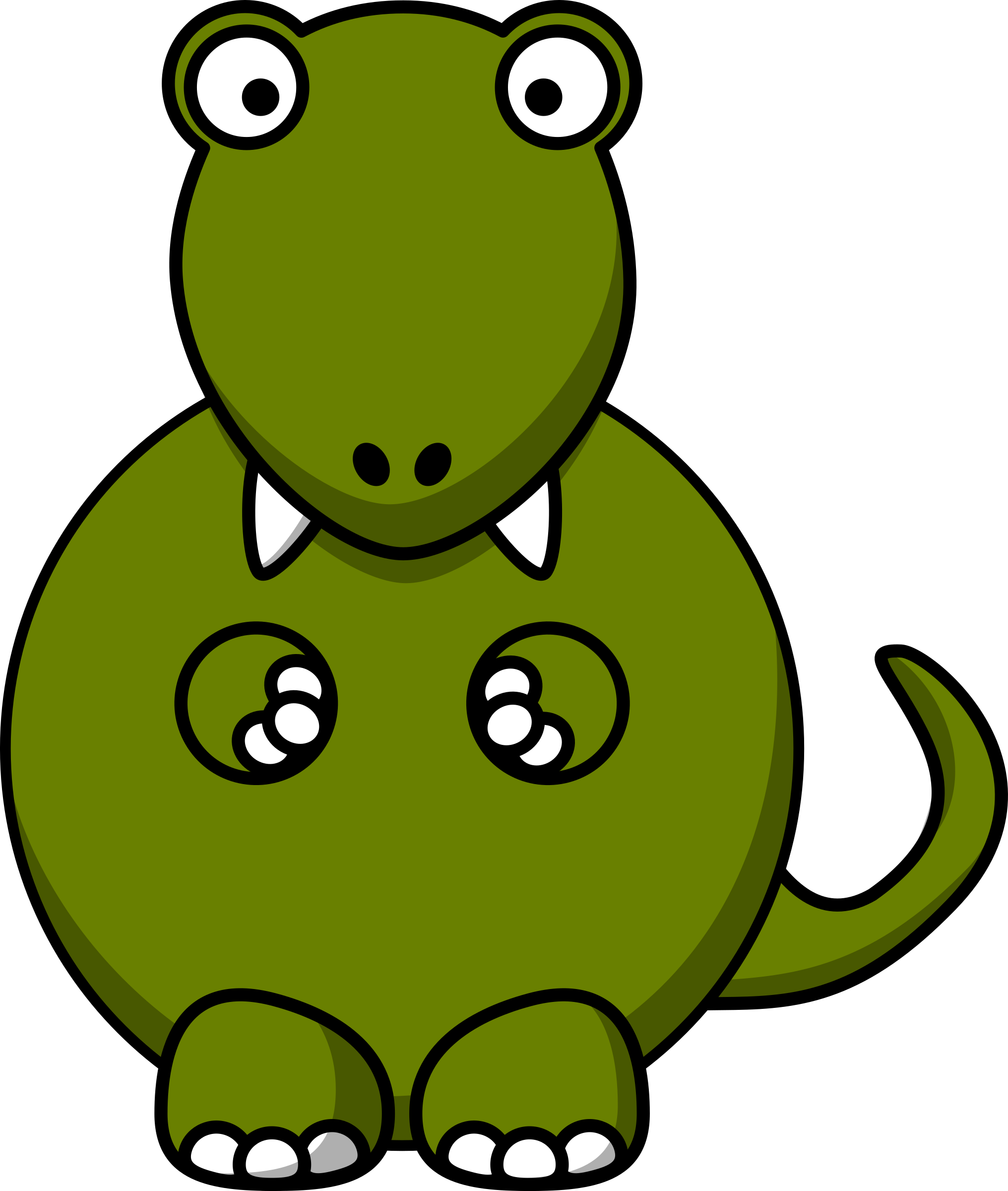 T Rex Dinosaur 桌布 壁紙 — 一隻可愛的綠色卡通恐龍，有大眼睛和小爪子，坐在黑色背景前。