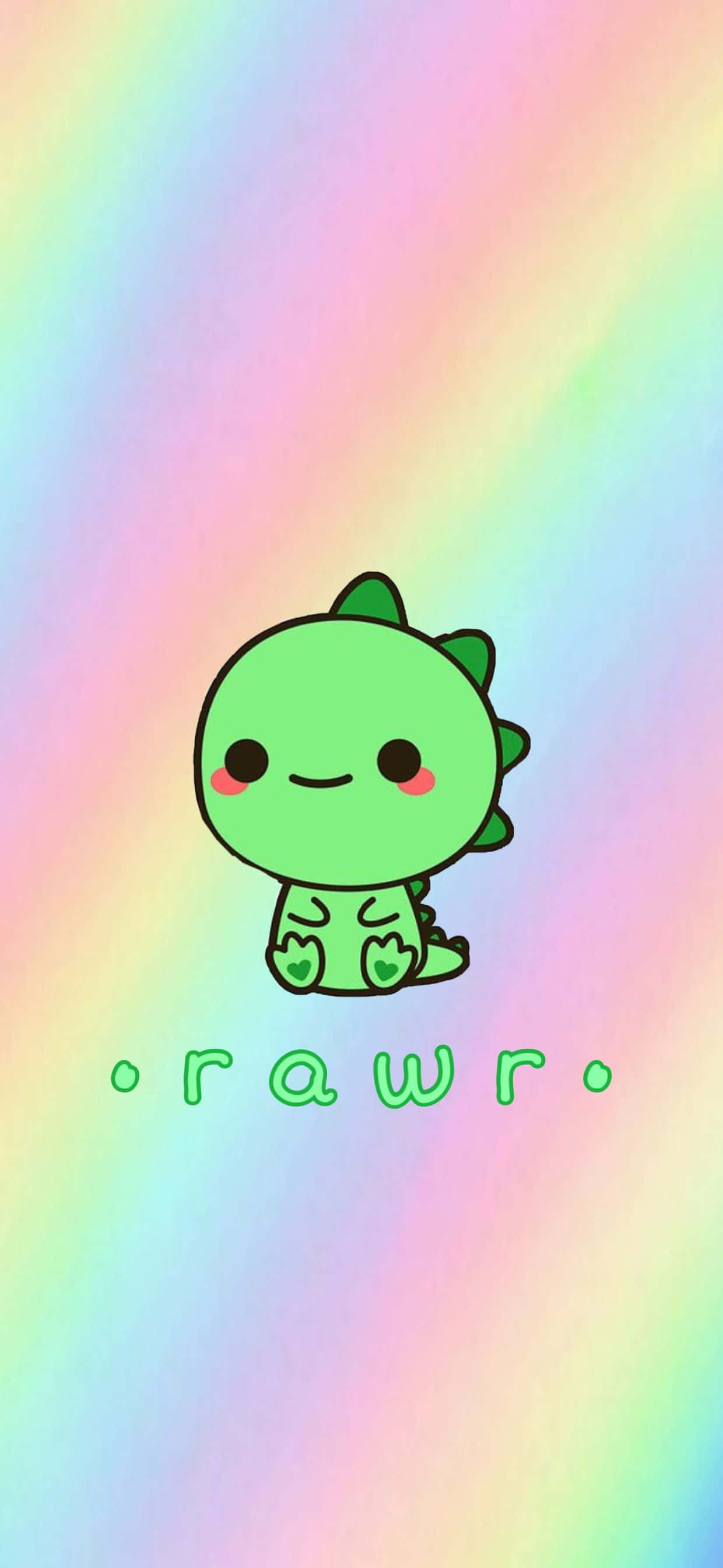 Cute Dinosaur 桌布 壁紙 — 一隻可愛的綠色卡通恐龍，有著心形腳，坐在柔和的彩虹漸變背景前微笑。