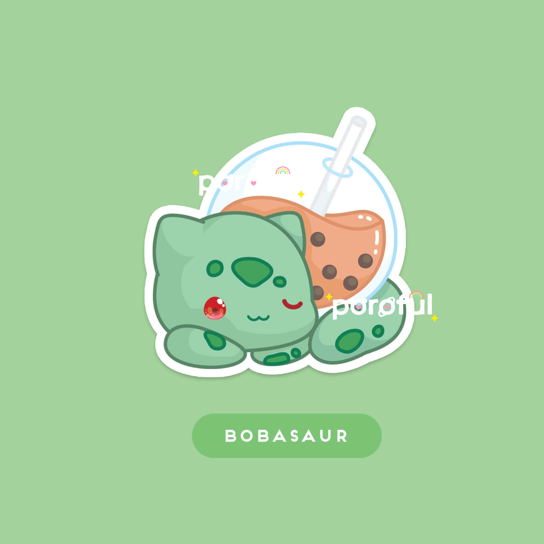 Pokemon Stickers 桌布 壁紙 — 一隻可愛的綠色卡通恐龍，紅色眼睛，抱著一杯珍珠奶茶，背景是柔和的薄荷色。