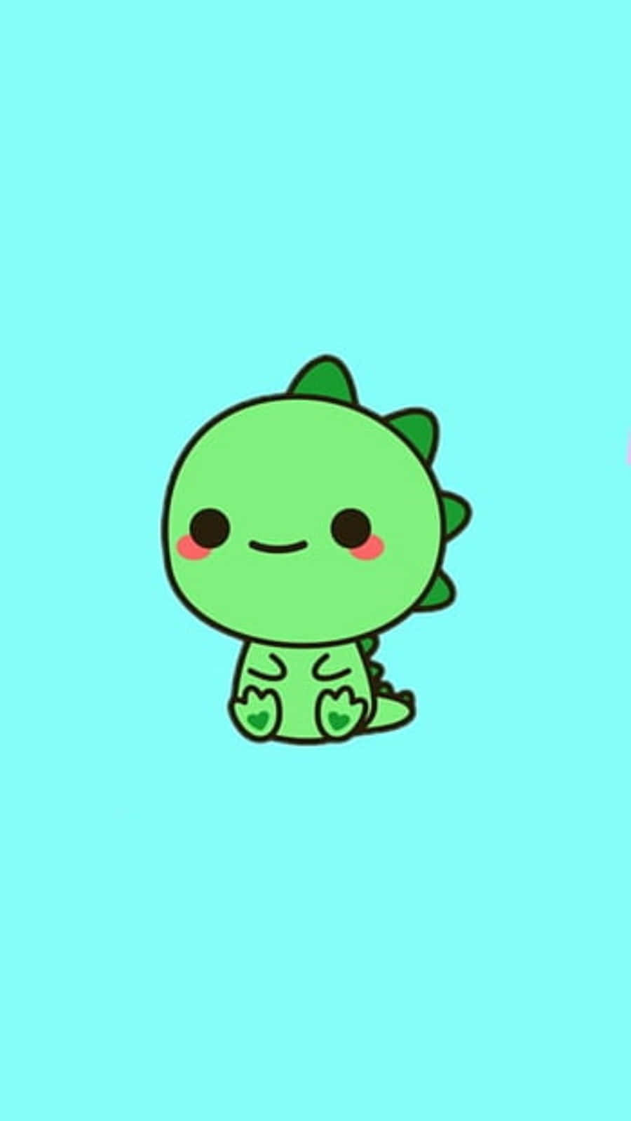 Dino 桌布 壁紙 — 一隻可愛的綠色卡通恐龍，臉頰紅潤，坐在純青色背景上微笑。