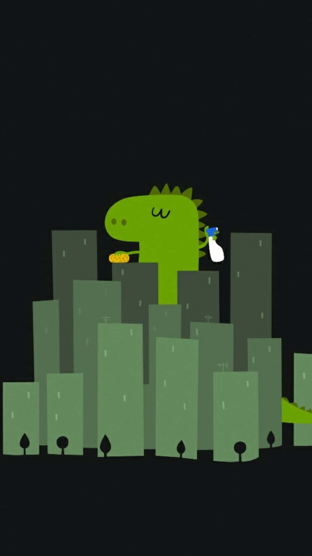 Cute Green Dinosaur 桌布 壁紙 — 一隻可愛的綠色卡通恐龍在深色夜空下從風格化的綠色城市建築上方探出頭來。