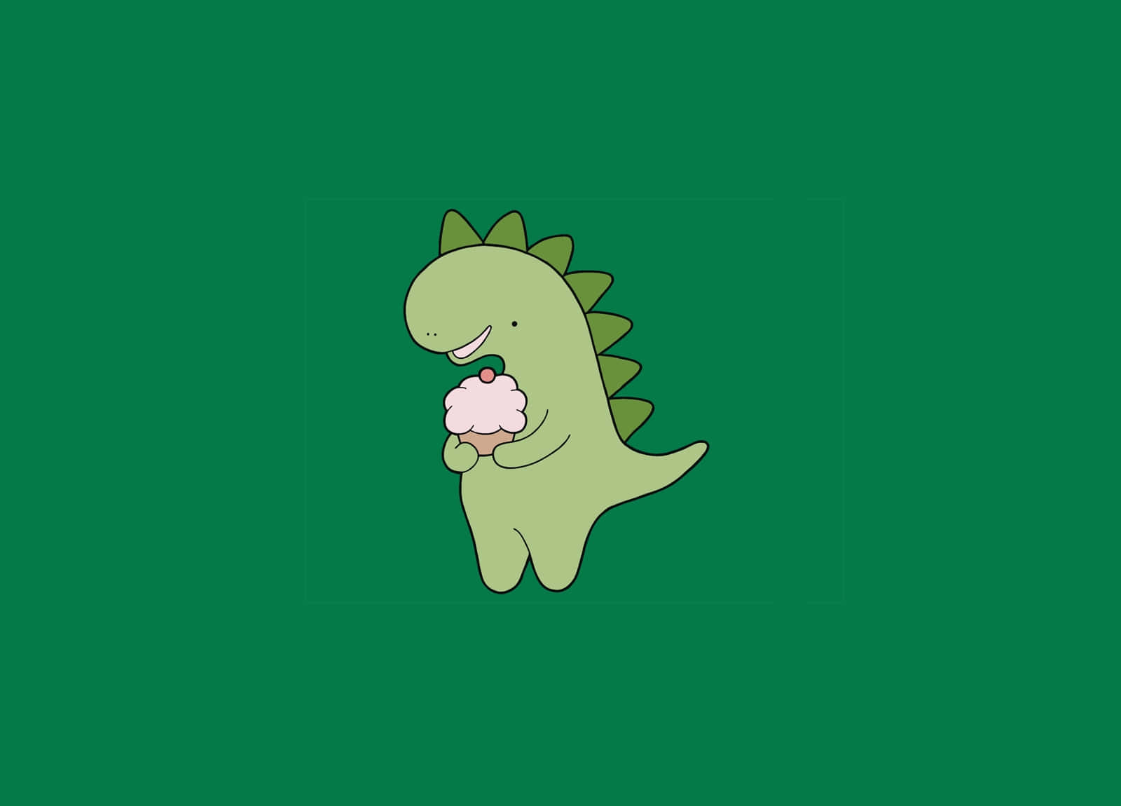 Cute Green Dinosaur 桌布 壁紙 — 一隻可愛的綠色卡通恐龍在純綠色背景上快樂地拿著一個粉紅色糖霜杯子蛋糕。