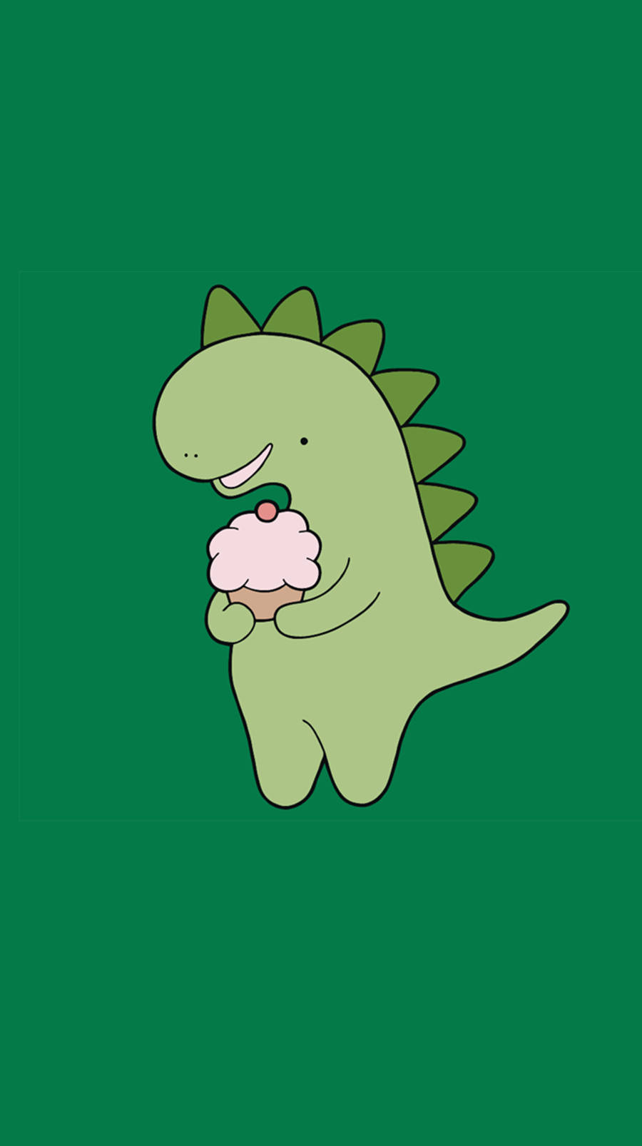 桌布 壁紙 — 一隻可愛的綠色卡通恐龍在純綠色背景上快樂地拿著一個粉紅色杯子蛋糕。