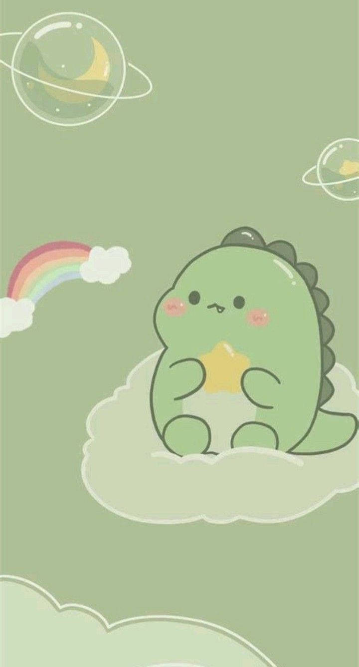  壁紙 — 一隻可愛的綠色卡通恐龍坐在雲上，手持星星，附近有彩虹和行星泡泡漂浮。