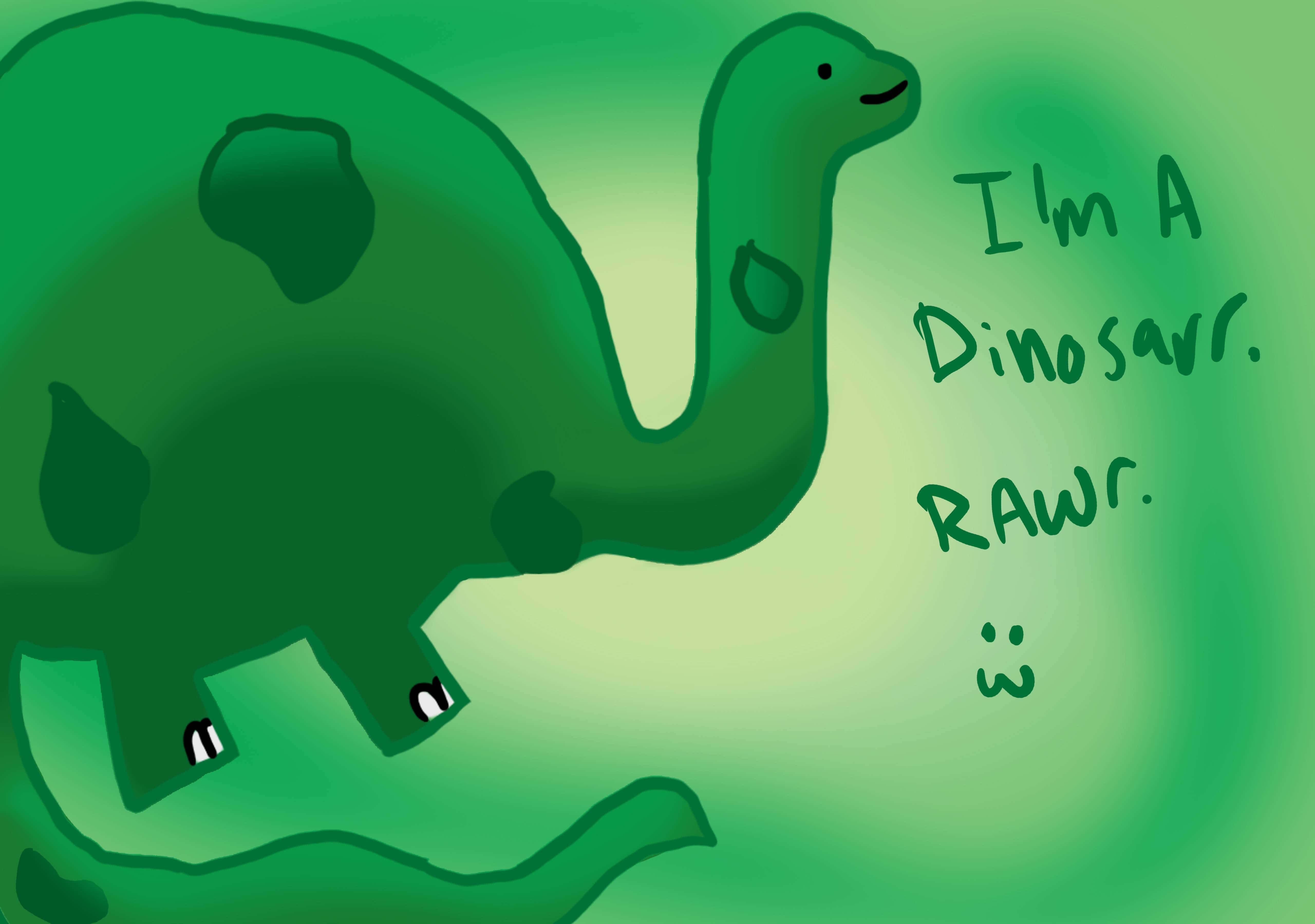 Cute Dinosaur 桌布 壁紙 — 一隻可愛的綠色卡通恐龍帶有斑點，微笑著說『我是恐龍。RAWR.』，背景為漸變綠色。