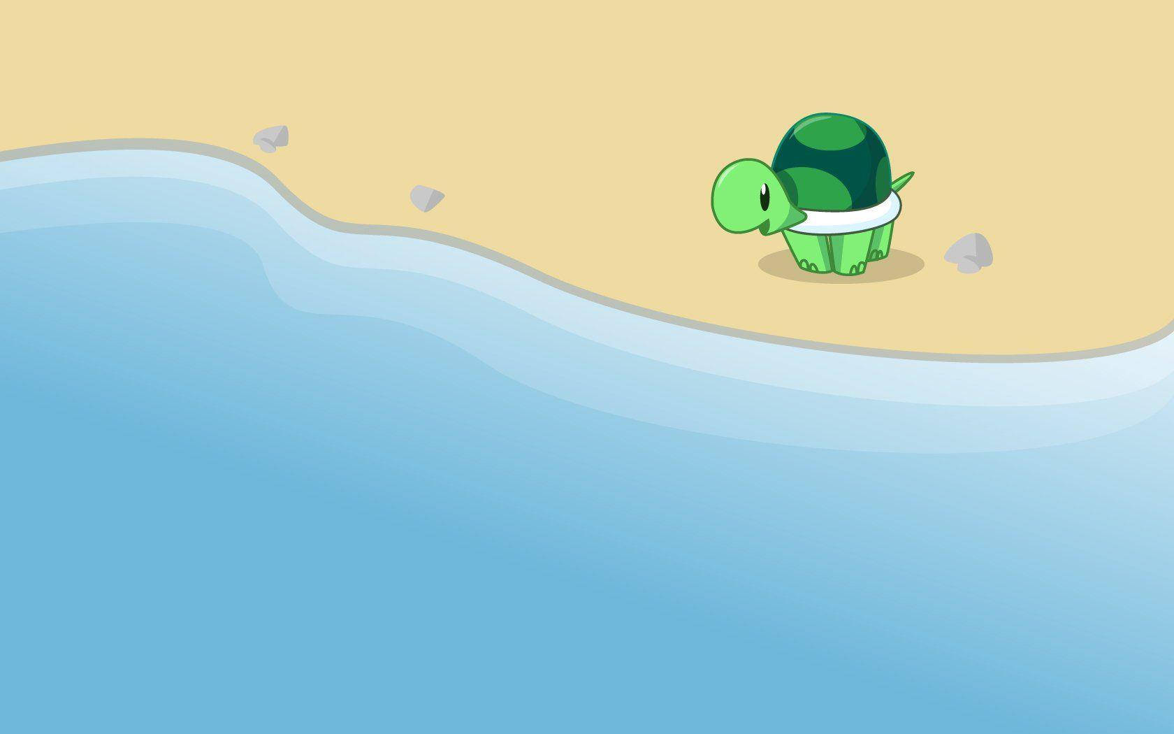 Cartoon Turtle 桌布 壁紙 — 一隻可愛的綠色卡通海龜站在沙灘上，旁邊是平靜的藍色海水，散落著灰色的岩石。