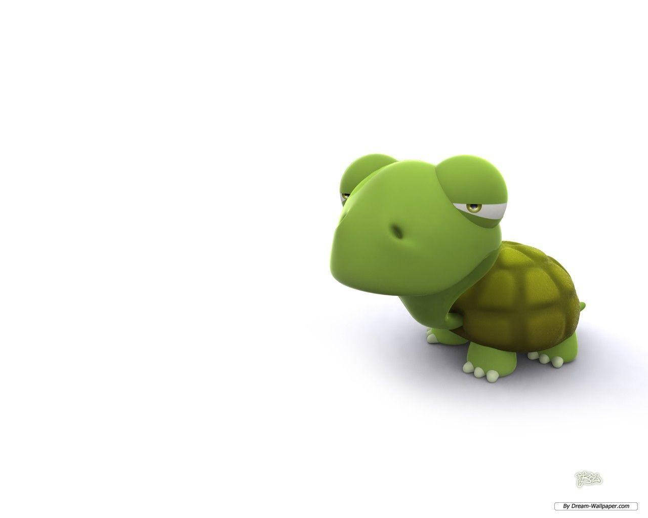 Turtle 桌布 壁紙 — 一隻可愛的綠色卡通烏龜，帶著睡眼惺忪的眼睛，獨自坐在純白色的背景上。