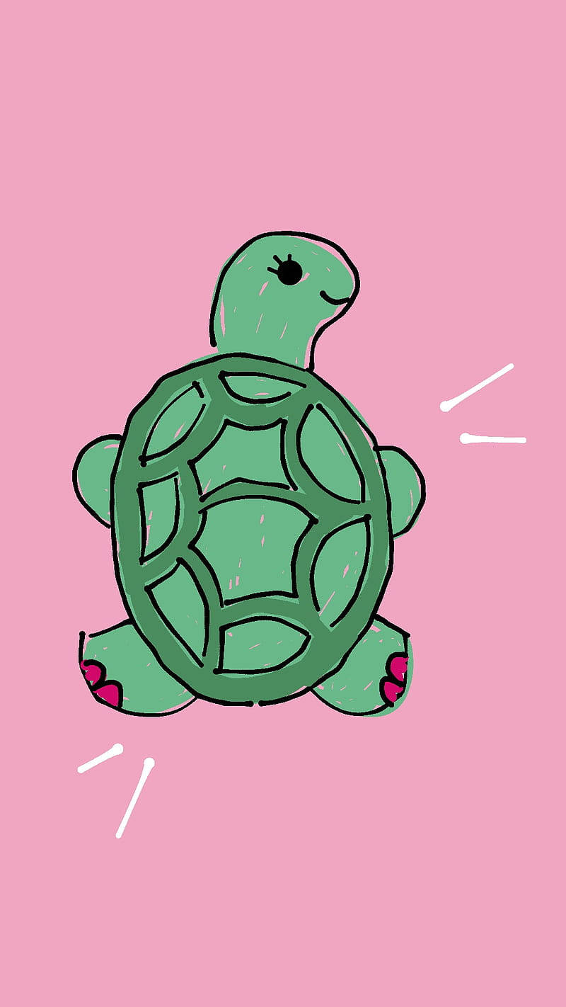 Cartoon Turtle 桌布 壁紙 — 一隻可愛的綠色卡通烏龜，粉紅色的腳，在純粉紅色背景上微笑，帶有白色速度線。