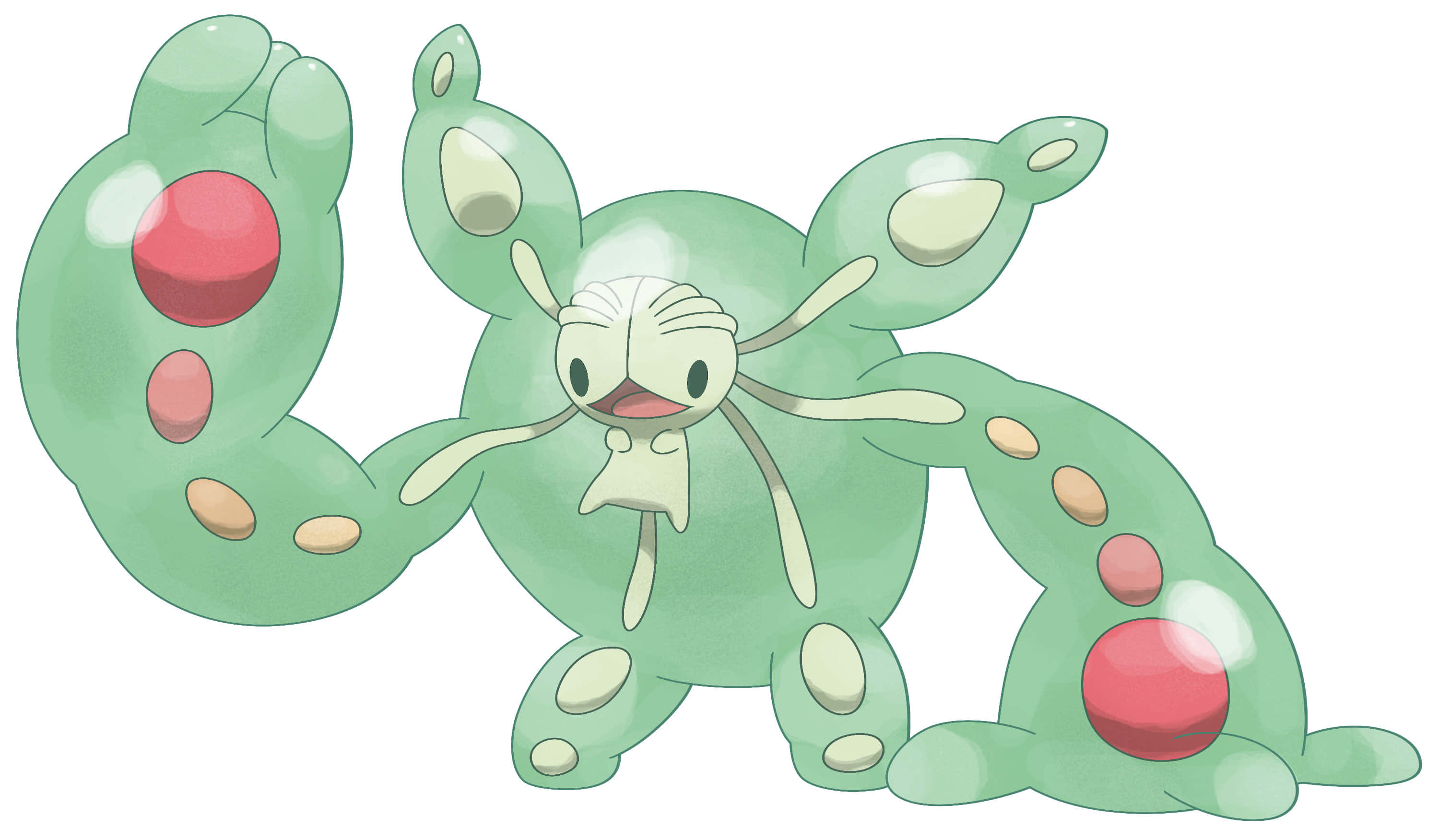 Power 桌布 壁紙 — 一隻可愛的綠色卡通生物，帶有紅色和米色斑點及長長的四肢，在純白色背景前開心地擺姿勢。