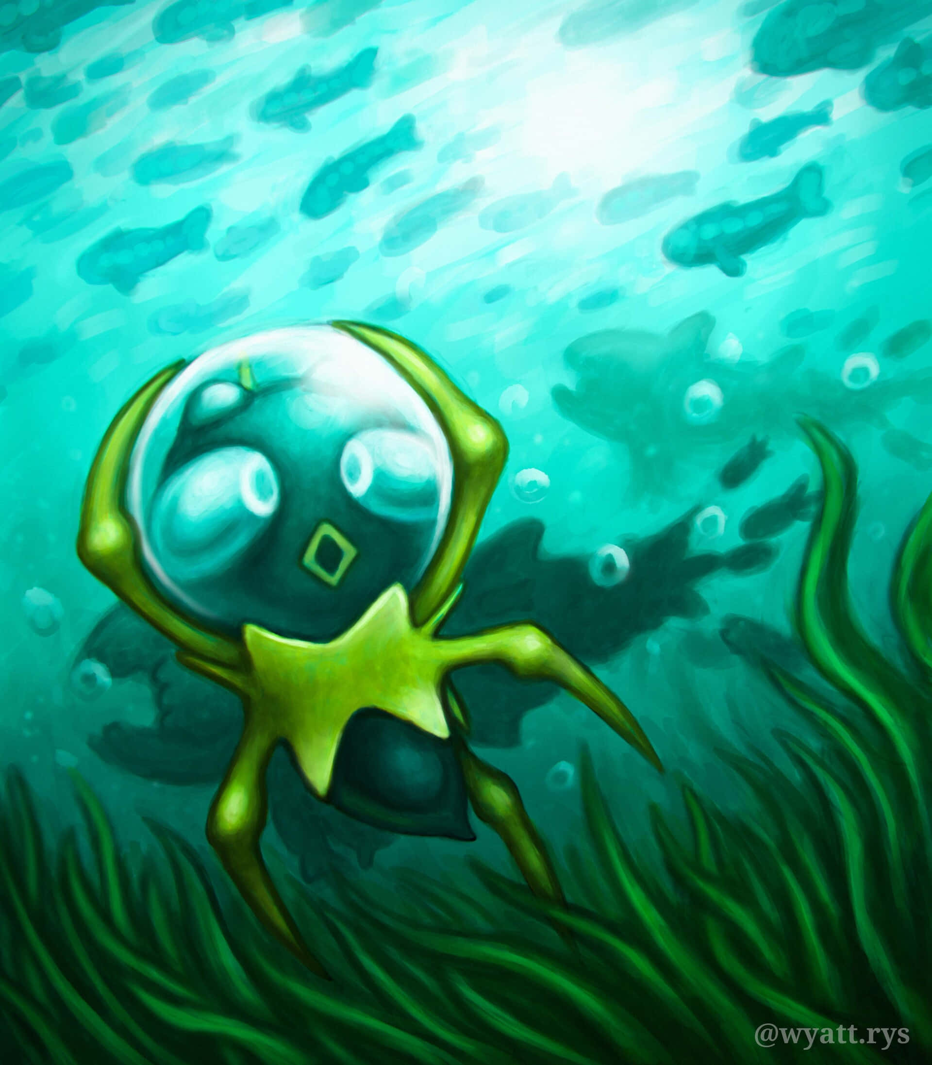 動漫 桌布 壁紙 — 一隻可愛的綠色卡通章魚，頭部像泡泡，在藍綠色的水中穿過海藻和魚群游動。