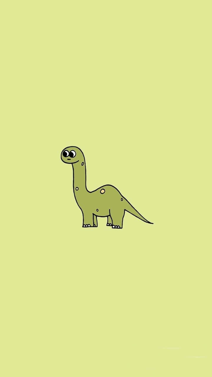 Cartoon Dinosaur 桌布 壁紙 — 一隻可愛的綠色卡通雷龍，大眼睛，獨自站在淡黃色背景上。