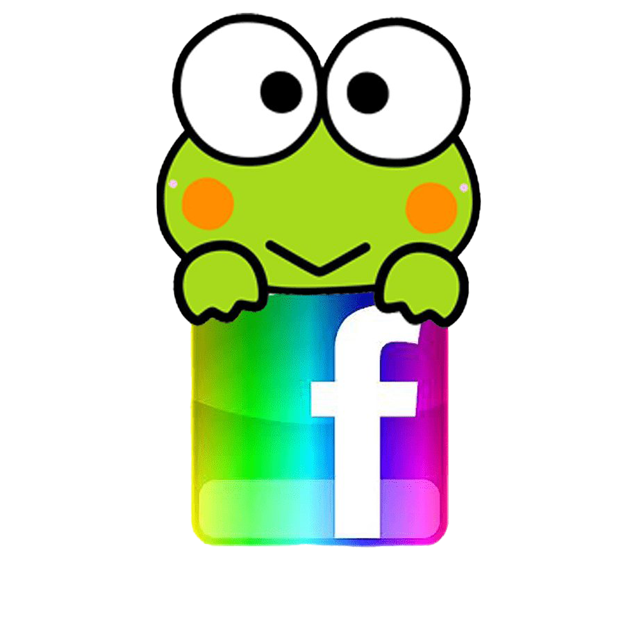 Keroppi 桌布 壁紙 — 一隻可愛的綠色卡通青蛙，大眼睛，從彩虹漸層的Facebook標誌圖示上探出頭來。