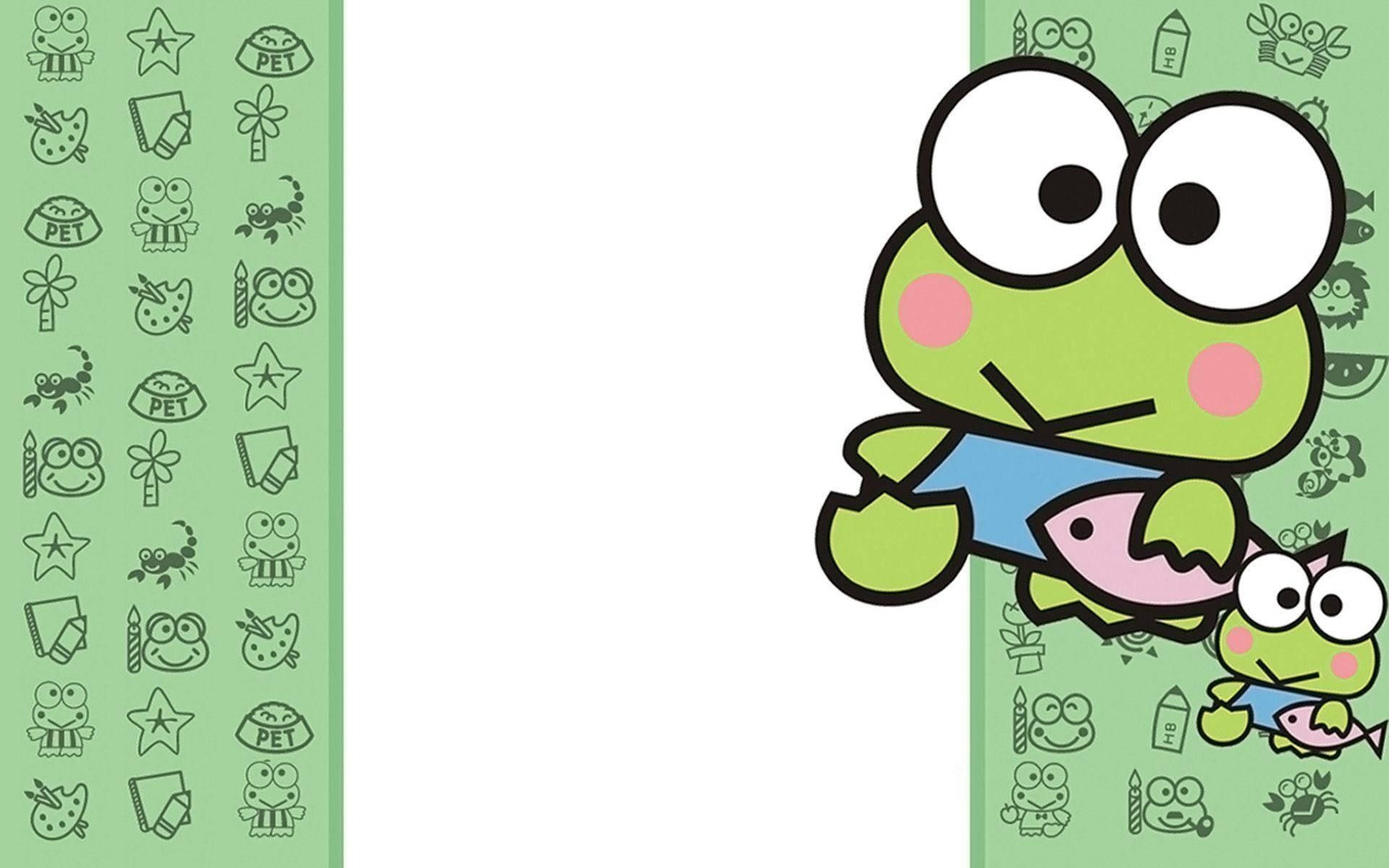 Keroppi 桌布 壁紙 — 一隻可愛的綠色卡通青蛙，大眼睛，拿著一條粉紅色的魚，而一隻較小的青蛙在淺綠色圖案背景上看著。