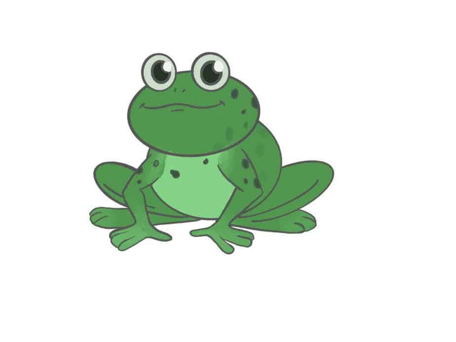 Frog Drawing 桌布 壁紙 — 一隻可愛的綠色卡通青蛙，有大圓眼睛和微妙微笑，坐在純白色背景前。