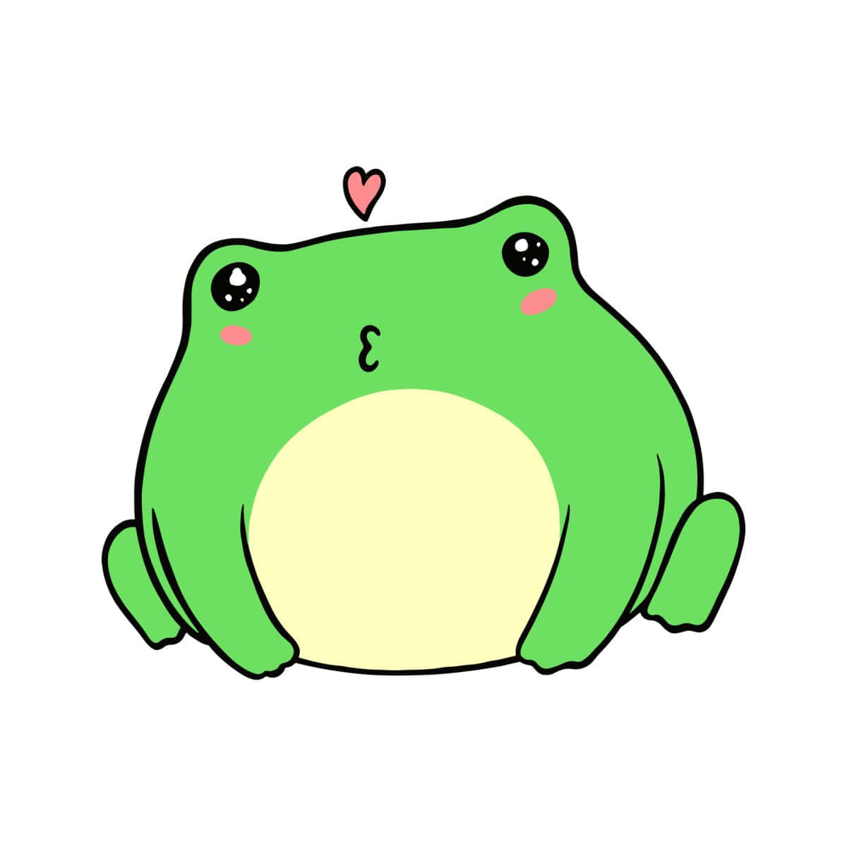 Frog Drawing 桌布 壁紙 — 一隻可愛的綠色卡通青蛙，臉頰紅潤，頭頂有一個小心形，坐在純白色背景上。