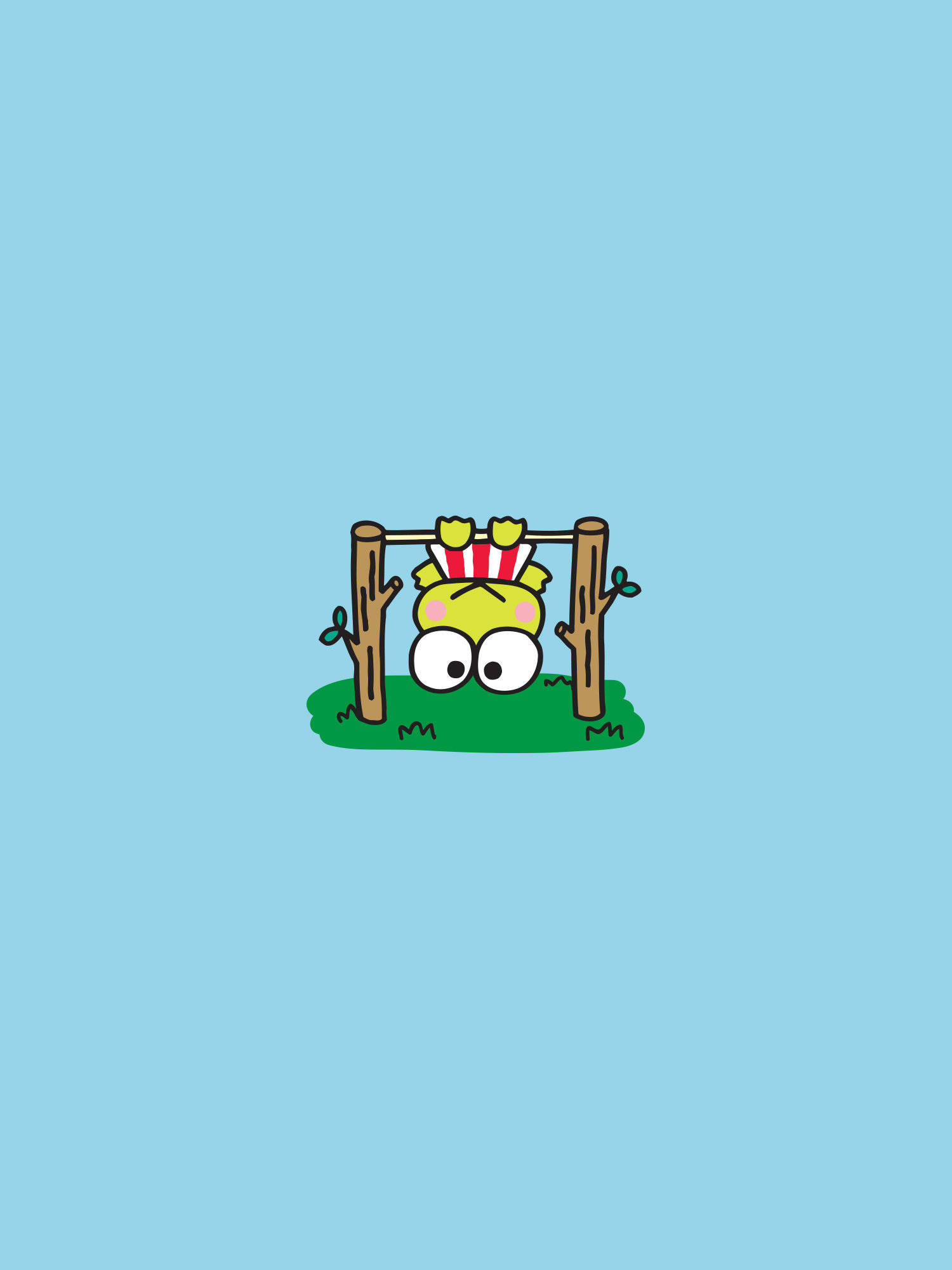 Keroppi 桌布 壁紙 — 一隻可愛的綠色卡通青蛙戴著紅白條紋帽子，倒掛在木棍上，下方是一片草地，背景是淺藍色。