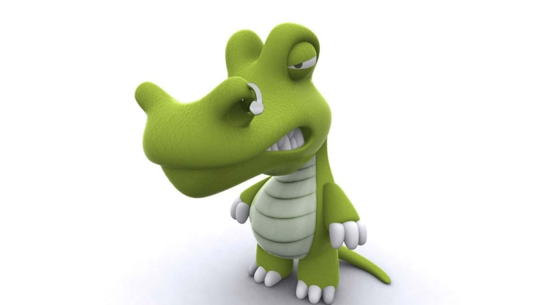 Cute Dinosaur 桌布 壁紙 — 一隻可愛的綠色卡通鱷魚帶著疲憊的表情站在純白色背景前。