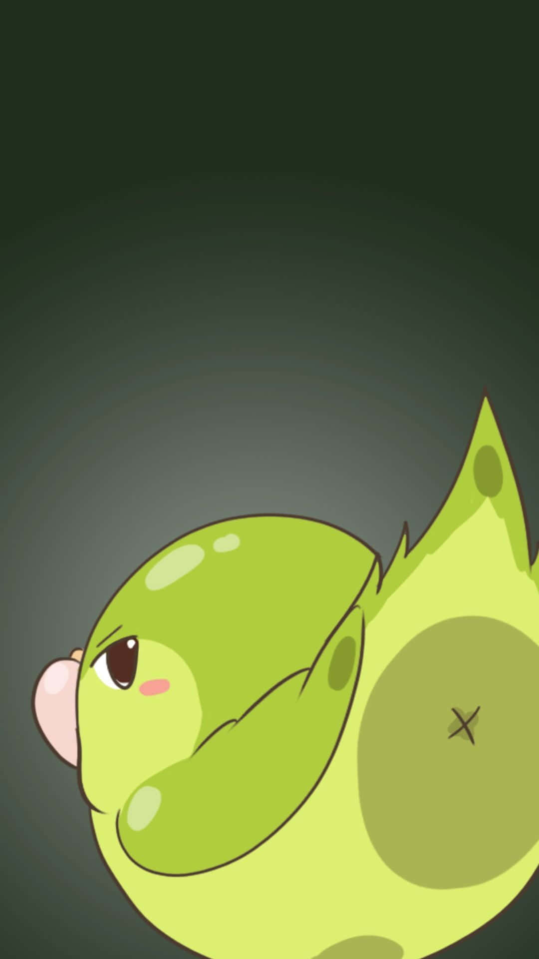 Kawaii Bird 桌布 壁紙 — 一隻可愛的綠色卡通鳥，臉頰泛紅，睡眼惺忪，從深色漸變背景中探出頭來。