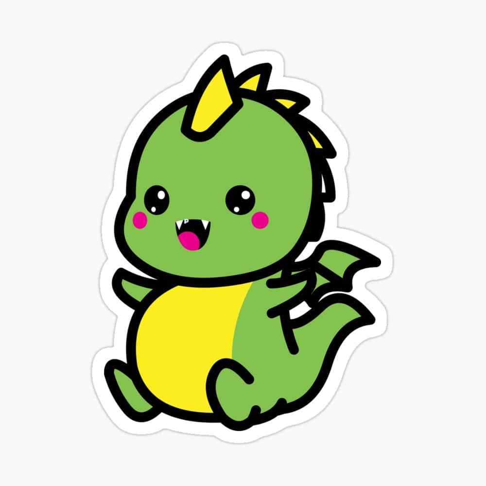Cute Dinosaur 桌布 壁紙 — 一隻可愛的綠色和黃色卡通龍，有大眼睛和快樂的表情，坐在純色背景前。