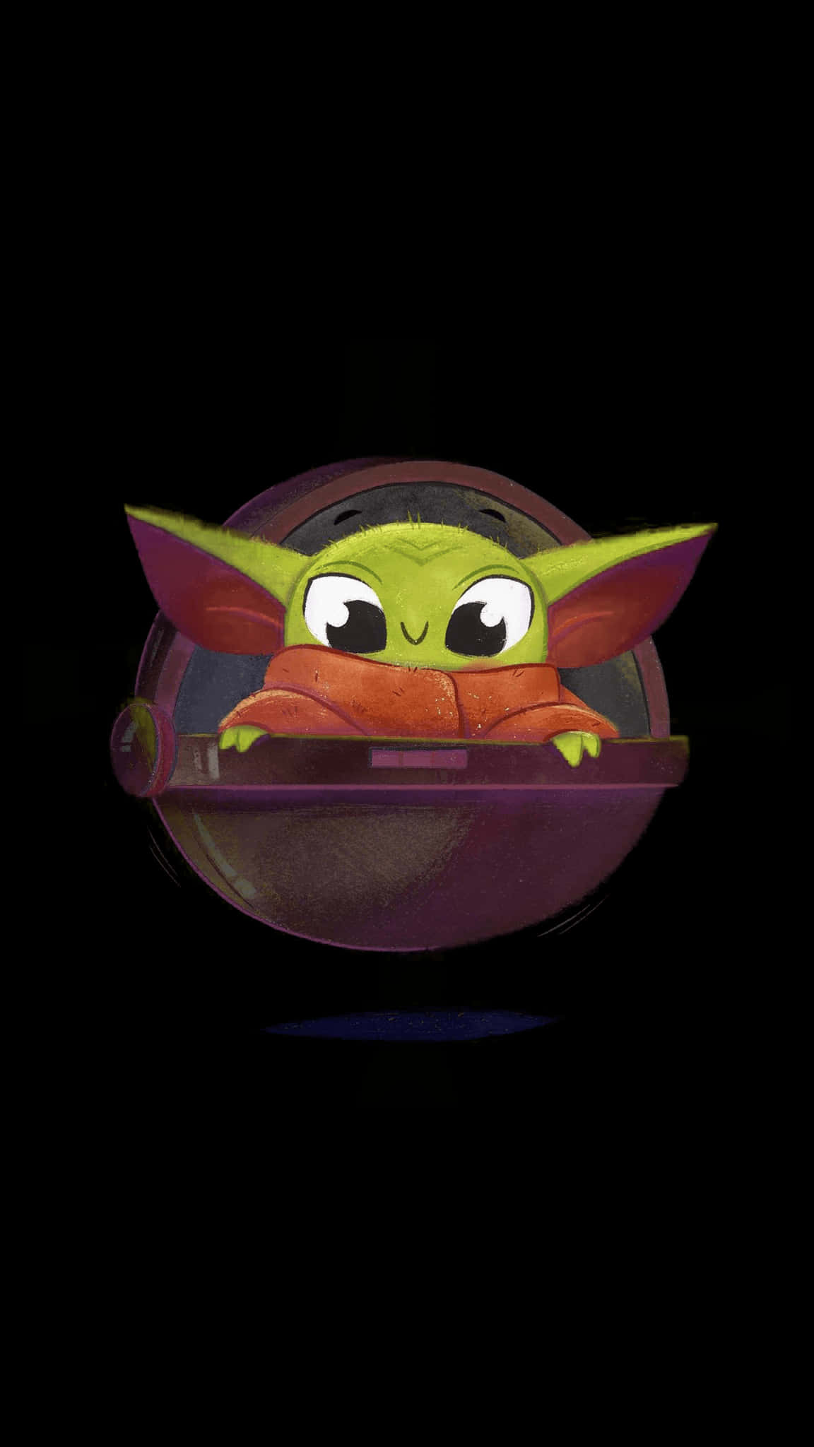 Baby Yoda Cartoon 桌布 壁紙 — 一隻可愛的綠色小尤達從紫色太空船艙中探出頭來，背景為黑色。