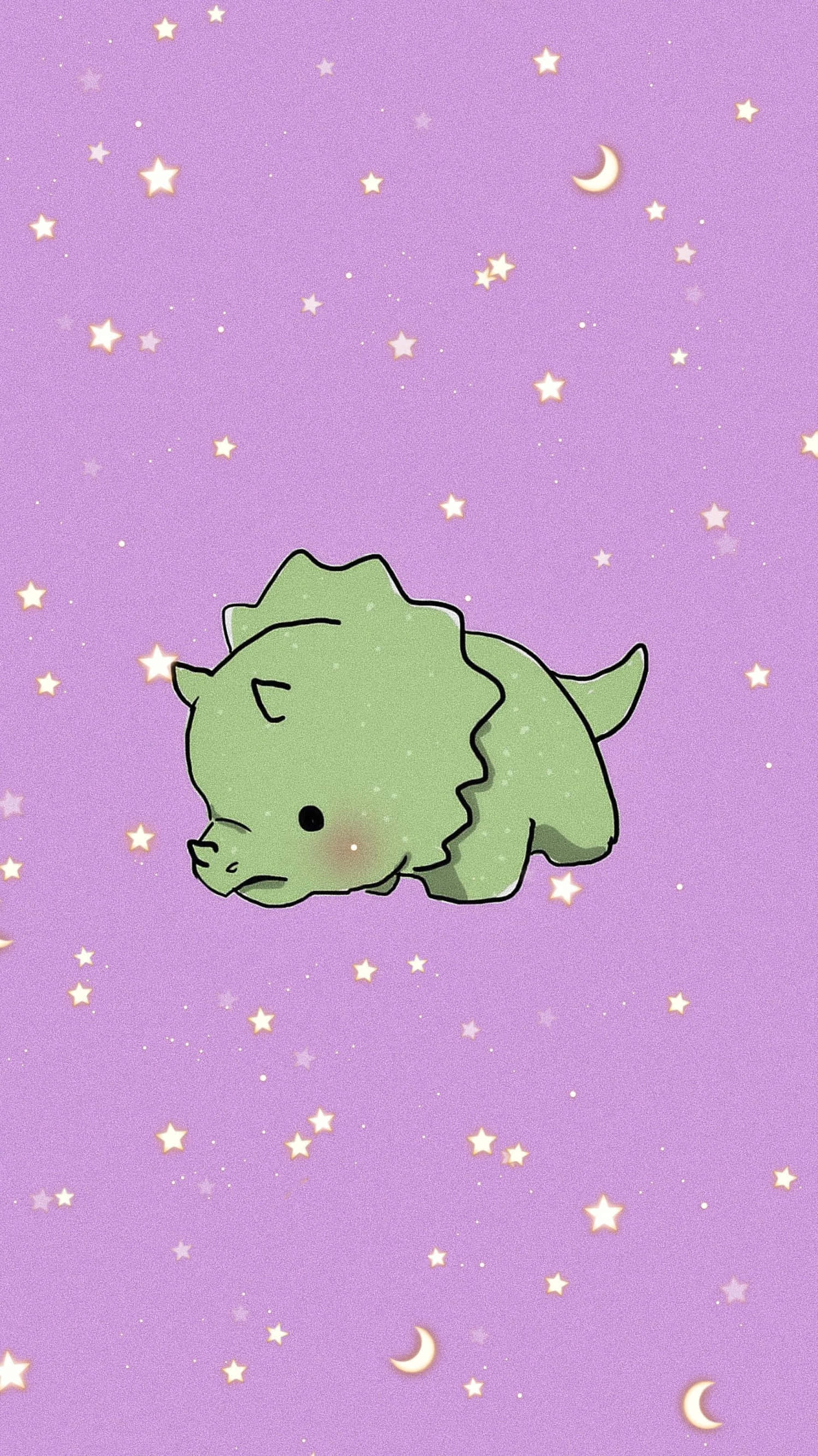 Dino 桌布 壁紙 — 一隻可愛的綠色恐龍在佈滿星星的紫色天空下，伴隨著新月，安詳地睡著。