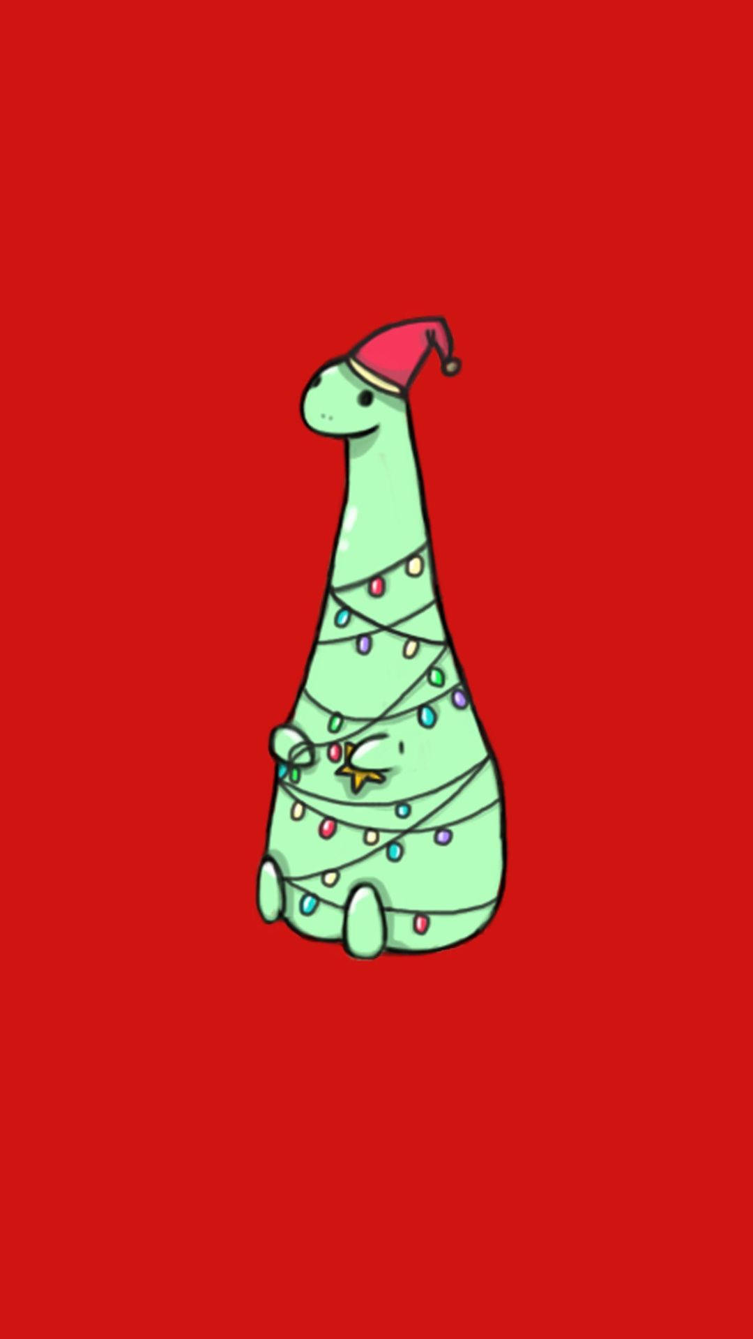 Kawaii Christmas 桌布 壁紙 — 一隻可愛的綠色恐龍戴著紅色聖誕帽，被五彩繽紛的聖誕燈飾包裹著，背景是純紅色。