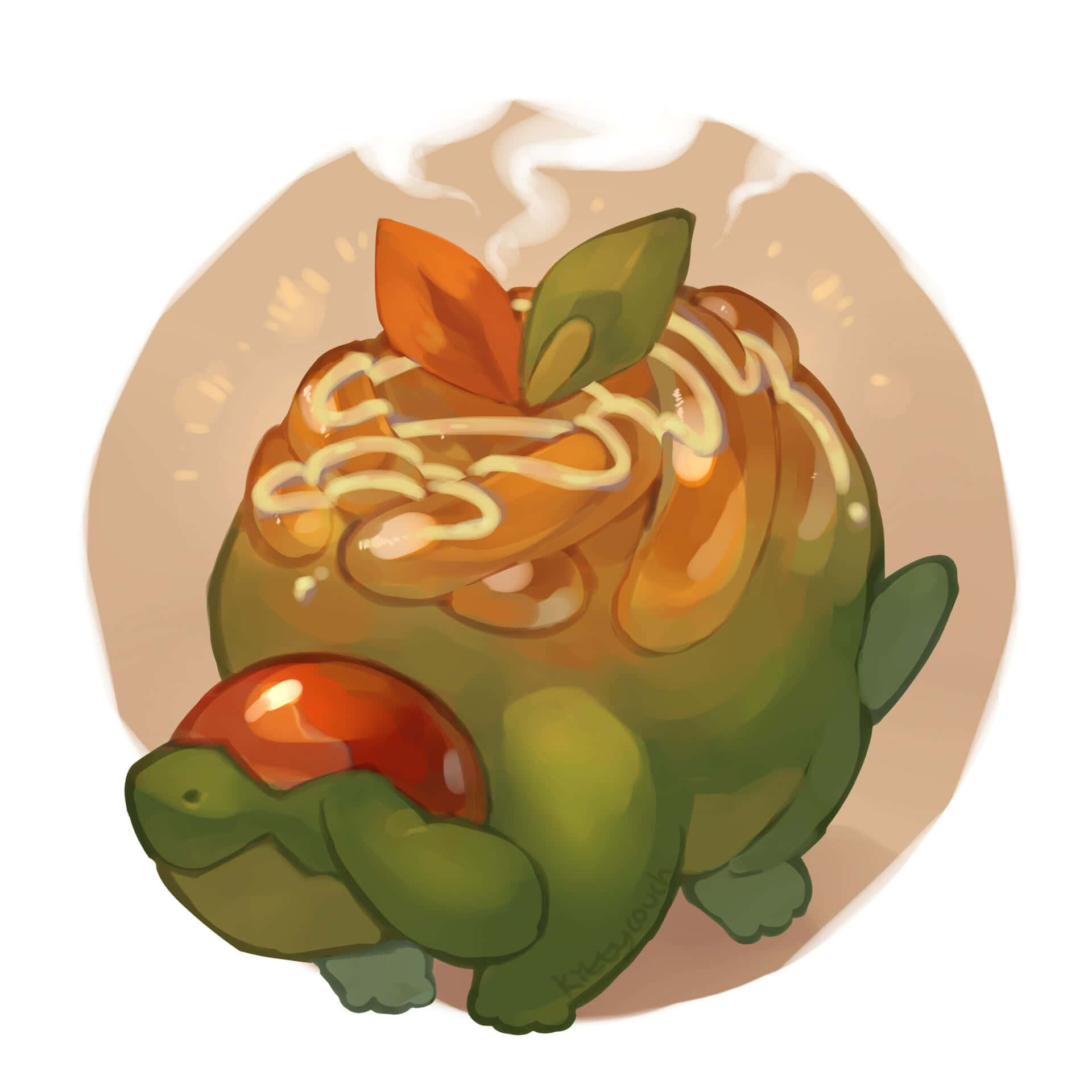 Cute Art 桌布 壁紙 — 一隻可愛的綠色烏龜，背著紅色龜殼，端著一碗冒著熱氣的拉麵，上面有葉子和醬汁漩渦。