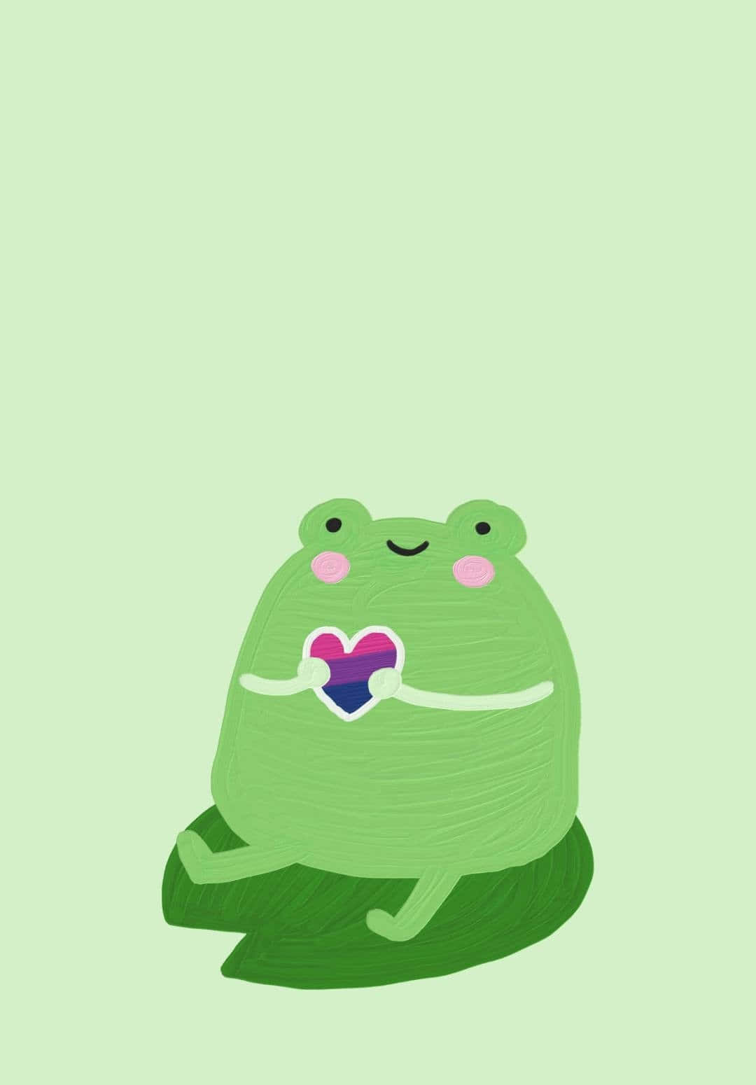 Frog 桌布 壁紙 — 一隻可愛的綠色青蛙，臉頰粉紅，在柔和的薄荷色背景上拿著一個彩虹心形。