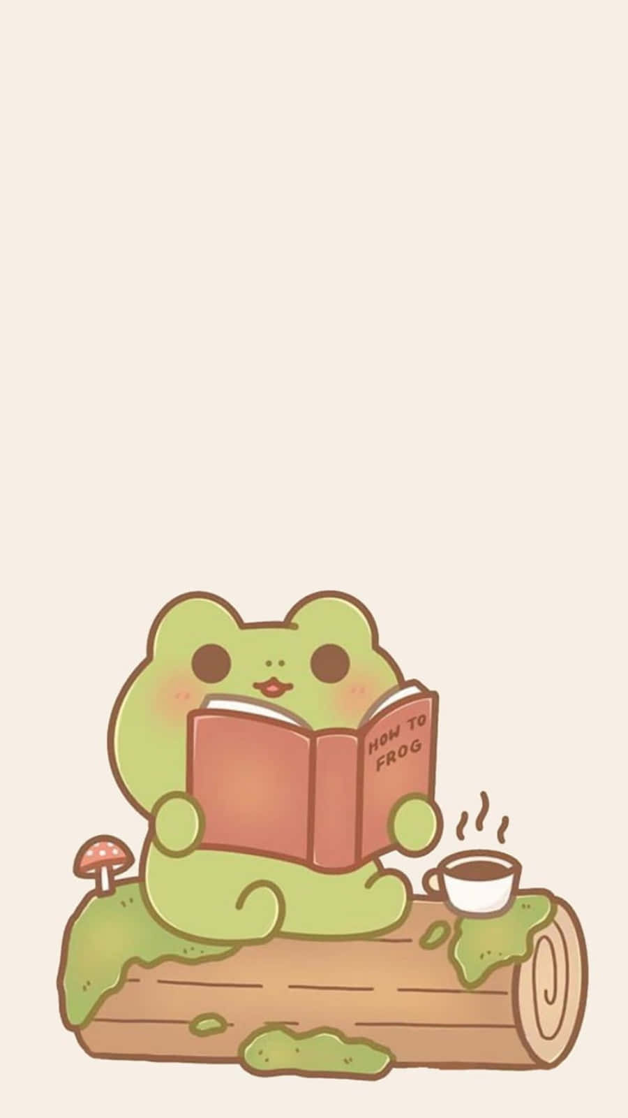 一隻卡通青蛙讀著一本名為 How to Frog 的書，享受著一杯冒著熱氣的可可。 — 書本 GIF 壁紙