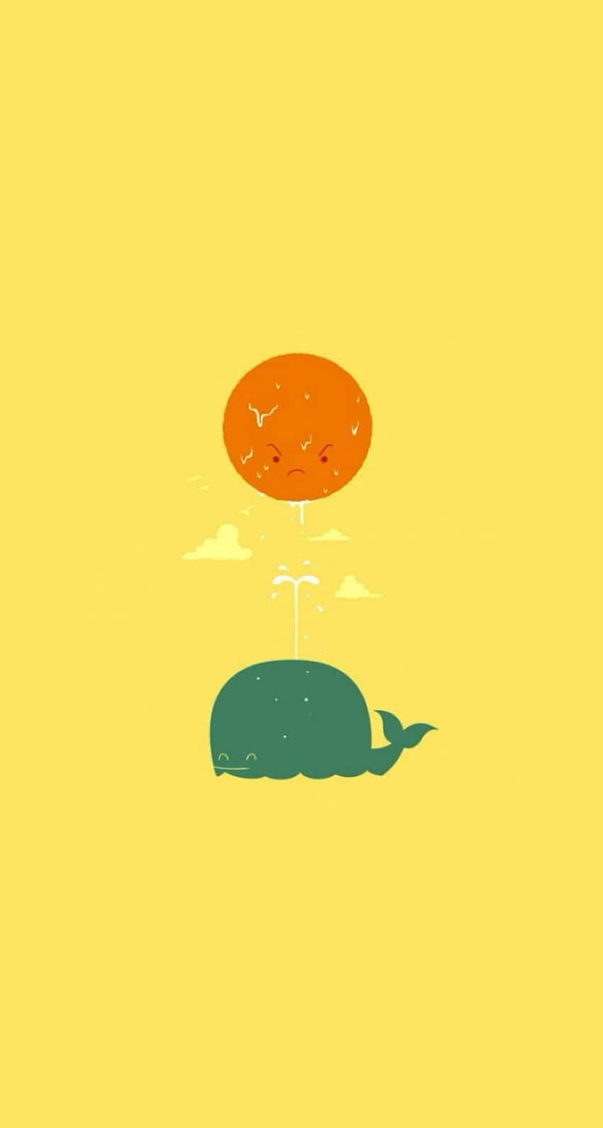 Cute Sun 桌布 壁紙 — 一隻可愛的綠色鯨魚噴水，為黃色天空下一個皺著眉的炎熱橙色太陽降溫。
