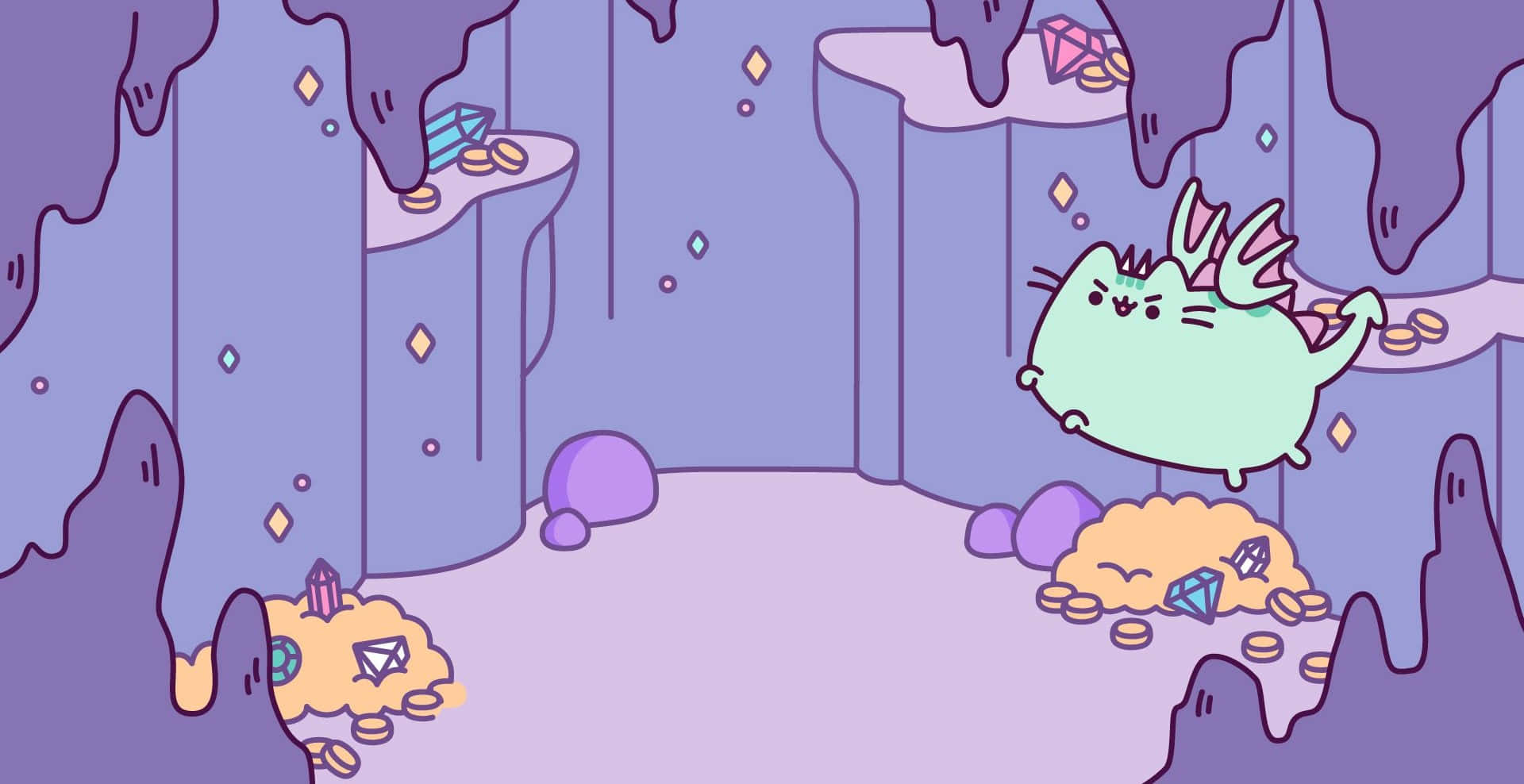 pusheen 動圖 桌布 壁紙 — 一隻可愛的綠色龍漂浮在充滿發光寶石和金幣的紫色洞穴中。