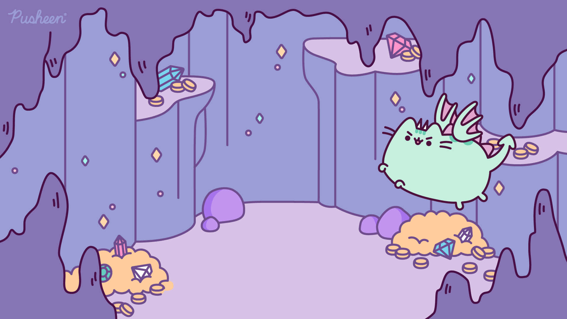 pusheen 動圖 桌布 壁紙 — 一隻可愛的綠色龍貓漂浮在一個充滿發光寶石和金幣的紫色洞穴中。
