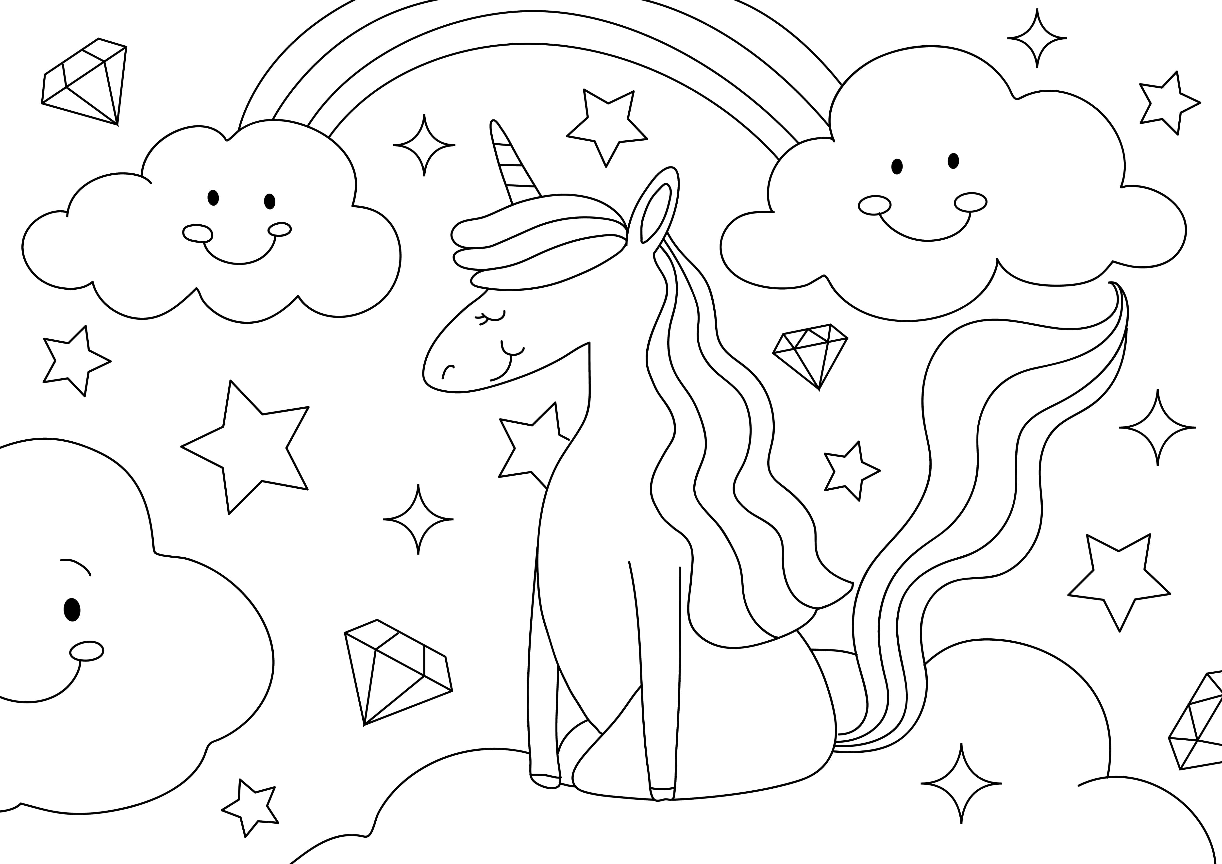 獨角獸 桌布 壁紙 — 一隻可愛的線條藝術獨角獸在彩虹下平靜地坐在微笑的雲朵和星星之間。
